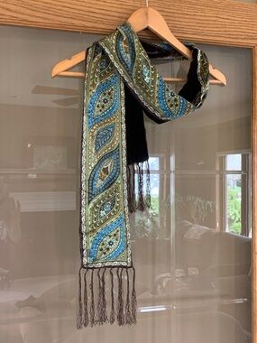 Vintage Silk and Rayon Paisley Fringe Scarf in Blue & Olive
